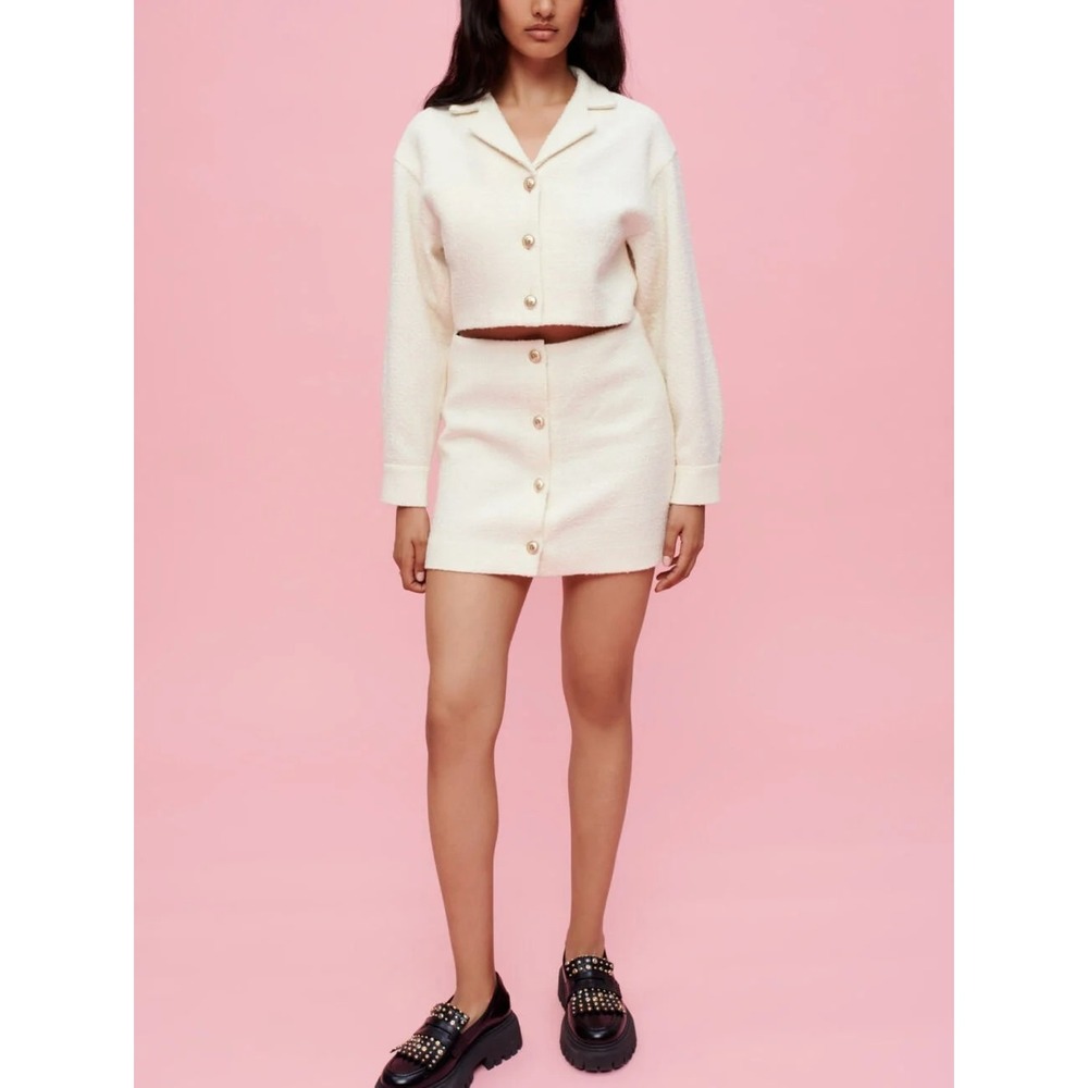 Maje Raquema Cream Textured Tweed Cutout Blazer Dress Size EU 42 US Extra Large